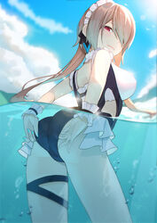  absurdres adjusting_clothes adjusting_swimsuit arms_behind_back ass back beach blue_nails blue_sky breasts brown_hair bubble closed_mouth cloud cloudy_sky day female frilled_one-piece_swimsuit frills hair_over_one_eye highres honkai_(series) honkai_impact_3rd long_hair looking_at_viewer looking_back maid maid_headdress mole mole_under_eye nail_polish one-piece_swimsuit purple_eyes rita_rossweisse rita_rossweisse_(phantom_iron) sideboob sky smile solo swimsuit sye- twintails water 