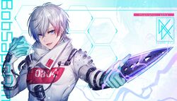  1boy apex_legends artist_name blue_eyes bobsappaim cable character_name cosplay electricity hair_behind_ear highres holding holding_knife holding_mask hope&#039;s_dusk_(apex_legends) jacket knife kunai looking_at_viewer male_focus mask mizutama_(mao11260510) multicolored_hair open_mouth original pink_hair quarantine_722_wraith smile solo streaked_hair weapon white_hair white_jacket wraith_(apex_legends) wraith_(apex_legends)_(cosplay) 