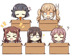  &gt;_&lt; 5girls :d =_= ? bang_dream! black_hair blonde_hair blunt_bangs blush blush_stickers box brown_hair cardboard_box chocolate_cornet commentary_request cone_hair_bun eating food hair_between_eyes hair_bun hair_flaps hair_ornament hair_ribbon hanasakigawa_school_uniform hanazono_tae heart highres holding holding_food ichigaya_arisa in_box in_container jitome long_hair looking_at_viewer medium_hair multiple_girls notice_lines open_mouth photoshop_(medium) ponytail poppin&#039;party ribbon school_uniform shaded_face short_hair sidelocks simple_background smile sparkle star_(symbol) star_hair_ornament sweatdrop teen_(teen629) toyama_kasumi twintails upper_body ushigome_rimi v white_background x_hair_ornament xd yamabuki_saya yellow_ribbon 