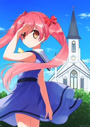  absurdres arm_behind_back arm_up blue_dress brown_eyes church cloud cross dress dress_tug emanuella_porlallora female from_behind hentai_ouji_to_warawanai_neko. highres long_hair looking_back mari_(rodoney-kiara) outdoors pink_hair ribbon sky sleeveless sleeveless_dress solo sundress thighs twintails wind wind_lift 