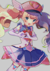  absurdres blue_eyes blue_skirt commentary_request cowboy_shot detached_sleeves female garter_straps gloves hat hat_feather heart heart_hands highres ijen_(ljenejl) looking_at_viewer magical_girl monika_weisswind open_mouth pink_hair pink_hat pleated_skirt princess_connect! skirt solo teeth thighhighs twintails upper_teeth_only vest white_gloves white_thighhighs white_vest 