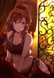  armlet bandana breasts brown_eyes brown_hair cleavage collarbone female groin hair_between_eyes harem_outfit highres idolmaster idolmaster_shiny_colors kusaka_io long_hair medium_breasts midriff osaki_amana red_bandana solo stomach 