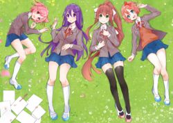  4girls :d :o black_thighhighs blue_eyes blue_skirt bow brown_hair commentary commission doki_doki_literature_club english_commentary from_above full_body grass green_eyes grey_jacket hair_between_eyes hair_ornament hair_ribbon hairbow hairclip highres jacket kneehighs long_hair long_sleeves looking_at_viewer lying monika_(doki_doki_literature_club) multiple_girls natsuki_(doki_doki_literature_club) neck_ribbon oerba_yun_fang on_back on_side open_clothes open_jacket open_mouth orange_vest paper pen petals pink_eyes pink_hair ponytail purple_eyes purple_hair red_bow red_ribbon ribbon sayori_(doki_doki_literature_club) school_uniform shirt shoes short_hair skin_fang skirt smile socks thigh_gap thighhighs two_side_up uwabaki very_long_hair vest white_legwear white_ribbon white_shirt wing_collar xhunzei yuri_(doki_doki_literature_club) zettai_ryouiki 