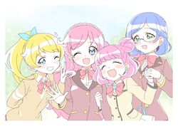  4girls :3 ;d ^_^ aged_up aoba_rinka bad_id bad_twitter_id blonde_hair blue_eyes blue_hair blue_sky blurry blurry_background blush border bow bowtie braid brooch brown_jacket cardigan closed_eyes collared_shirt commentary crown_braid double_bun earrings facing_viewer french_braid green_eyes grin hair_bun happy heart heart_brooch heart_tail high_ponytail highres holding_hands jacket jewelry kiracchu_(pri_chan) kirarigaoka_middle_school_uniform kiratto_pri_chan long_hair long_sleeves looking_at_viewer medium_hair miniskirt moegi_emo momoyama_mirai mouse_tail multiple_girls one_eye_closed open_mouth outdoors photo_(object) pink_bow pink_bowtie pink_hair pleated_skirt ponytail pose pretty_series purple_eyes rn10r school_uniform shiny_skin shirt skirt sky smile star_(symbol) star_earrings striped_cardigan tail tree upper_body v waving white_border white_shirt white_skirt white_stripes yellow_cardigan yellow_jacket 