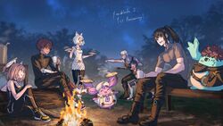  4boys 4girls animal_ears arm_guards boots campfire cat_ears coffee_mug colored_skin cup dark-skinned_male dark_skin eunie_(xenoblade) food glasses grey_skin head_wings highres lanz_(xenoblade) manana_(xenoblade) mio_(xenoblade) mug multiple_boys multiple_girls night noah_(xenoblade) pantyhose plate riku_(xenoblade) sena_(xenoblade) shadowboxing shirt shoes sleeveless smile sneakers star_(sky) taion_(xenoblade) tank_top tight_clothes tight_shirt unitard wings xenoblade_chronicles_(series) xenoblade_chronicles_3 yumiyoiyoi 