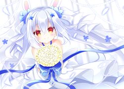  animal_ears azur_lane bare_shoulders blue_flower blurry blurry_background blush bouquet closed_mouth commentary_request depth_of_field dress female flower grey_ribbon hair_between_eyes hair_flower hair_ornament hair_ribbon holding holding_bouquet laffey_(azur_lane) laffey_(white_rabbit&#039;s_oath)_(azur_lane) long_hair looking_at_viewer official_alternate_costume rabbit_ears red_eyes ribbon shikito_(yawa0w0) smile solo twintails very_long_hair wedding_dress white_dress white_hair yellow_flower 