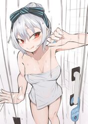  bare_shoulders bathroom blush breasts cleavage closed_mouth collarbone feet_out_of_frame female girls&#039;_frontline hair_between_eyes highres kuzumotsu licking_lips lips long_hair looking_at_viewer medium_breasts naked_towel red_eyes simple_background smile solo standing tokarev_(girls&#039;_frontline) tongue tongue_out towel wet white_hair 