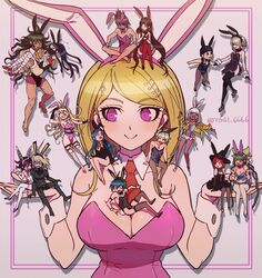  6+boys 6+girls :d ahoge akamatsu_kaede alternate_costume amami_rantaro animal_ears antenna_hair armor artist_name bandaged_leg bandages bare_shoulders black_dress black_headwear black_jacket blonde_hair breasts brown_legwear chabashira_tenko checkered_clothes cleavage clenched_hands collarbone crossdressing danganronpa_(series) danganronpa_v3:_killing_harmony dark-skinned_female dark_skin detached_sleeves dress everyone fake_animal_ears gokuhara_gonta green_hair grin hair_ornament hair_scrunchie harukawa_maki holding hoshi_ryoma iruma_miu jacket jewelry k1-b0 large_breasts leotard long_hair mini_person miniboy minigirl momota_kaito multiple_boys multiple_girls musical_note musical_note_hair_ornament neck_ribbon necklace necktie oma_kokichi open_mouth pantyhose pink_eyes pink_leotard playboy_bunny ponytail power_armor protected_link rabbit_tail red_leotard red_scrunchie ribbon saihara_shuichi scrunchie shinguji_korekiyo shirogane_tsumugi short_hair short_necktie sideways_glance sitting smile standing strapless strapless_leotard striped_clothes striped_leotard tail teeth thighhighs togi9999 tojo_kirumi twintails white_background wrist_cuffs yonaga_angie yumeno_himiko 