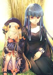  2girls abigail_williams_(fate) asagami_fujino black_bow black_dress black_footwear black_hair blonde_hair bloomers blunt_bangs bow closed_eyes closed_mouth commentary commission crossover day dress fate/grand_order fate_(series) footwear_bow grass habit hairbow hime_cut kara_no_kyoukai knees_up long_dress long_hair long_sleeves mary_janes multiple_girls multiple_hair_bows nun orange_bow outdoors red_eyes reien_girl&#039;s_academy_school_uniform sagta_panggang school_uniform shoes sidelocks signature sitting sleeping sleeping_upright sleeves_past_fingers sleeves_past_wrists smile stuffed_animal stuffed_toy teddy_bear tree underwear very_long_hair yokozuwari 