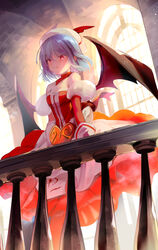  alternate_costume bare_shoulders bat_wings beret blue_hair breasts commentary_request dress female grin hat heart highres indoors long_sleeves looking_at_viewer off-shoulder_dress off_shoulder parted_lips railing red_dress red_eyes remilia_scarlet short_hair small_breasts smile solo standing touhou white_hat window wings yuki_(popopo) 