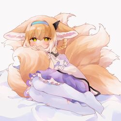  animal_ears arknights bare_shoulders bed_sheet blonde_hair blush braid braided_hair_rings closed_mouth ears_down female fox_ears fox_girl fox_tail frilled_skirt frills full_body grey_background hair_between_eyes hair_rings hairband highres hugging_own_tail hugging_tail kitsune long_sleeves looking_at_viewer material_growth multiple_tails no_shoes oripathy_lesion_(arknights) pantyhose purple_skirt shirt simple_background skirt smile solo suzuran_(arknights) tail takumi_mizuki torn_clothes torn_pantyhose twin_braids white_pantyhose white_shirt yellow_eyes 