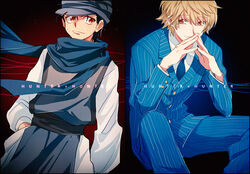  2boys black_hair blonde_hair blue_scarf brown_eyes closed_mouth commentary copyright_name facial_hair formal ging_freecss heke hunter_x_hunter long_sleeves male_focus messy_hair multiple_boys necktie pants pariston_hill red_necktie scarf shirt standing steepled_fingers suit tabard turban white_pants white_shirt 