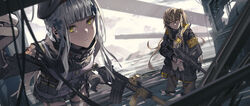  2girls armband assault_rifle beret black_gloves black_headwear black_jacket black_thighhighs blunt_bangs brown_eyes brown_hair commentary_request cross_hair_ornament facial_mark fingerless_gloves fujita_(condor) girls&#039;_frontline gloves green_eyes grey_hair gun h&amp;k_hk416 h&amp;k_ump hair_ornament hat heckler_&amp;_koch highres hk416_(girls&#039;_frontline) holding holding_gun holding_weapon jacket long_hair long_sleeves military_jacket miniskirt multiple_girls one_side_up pantyhose pleated_skirt revision rifle scar scar_across_eye shirt skirt submachine_gun teardrop teardrop_facial_mark teardrop_tattoo thighhighs ump45_(girls&#039;_frontline) weapon white_gloves white_shirt yellow_armband 