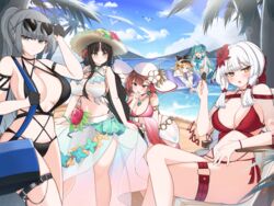  6+girls :o absurdres beach bikini bird black_survival blonde_hair blue_eyes blush breasts brown_hair cleavage closed_eyes cloud cloudy_sky emma_hardy eternal_return:_black_survival eyewear_on_head flower geah green_eyes grey_eyes grey_hair gweon_sua hair_flower hair_ornament hat haze_(black_survival) highres large_breasts long_hair medium_hair minami_rio multiple_girls nicky_blake official_alternate_costume open_mouth outdoors red_eyes red_hair seagull sideboob sky sun_glare sun_hat sunglasses swimsuit tran_quynh_mai water white_hair yellow_eyes 