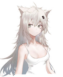  animal_ears arknights bare_shoulders breasts closed_mouth commentary female grey_eyes highres lappland_(arknights) long_hair looking_to_the_side messy_hair runamonet scar simple_background sleeveless solo symbol-only_commentary upper_body white_background white_hair wolf_ears 