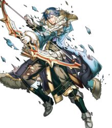  1boy arrow_(projectile) belt blue_eyes blue_hair boots bow_(weapon) chrom_(crowned_exalt)_(fire_emblem) chrom_(fire_emblem) fire_emblem fire_emblem_awakening fire_emblem_heroes full_body fur_trim gloves highres hino_shinnosuke male_focus non-web_source official_alternate_costume official_art one_eye_closed quiver solo teeth tiara torn_clothes transparent_background weapon 