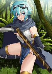  akagi_kurage armor belt black_gloves blue_eyes blue_hair cape commentary_request day elbow_gloves female fingerless_gloves forest gloves goggles goggles_on_head grass grey_cape grey_thighhighs gun highres holding holding_weapon md5_mismatch nature outdoors rosel_(sennen_sensou_aigis) sennen_sensou_aigis short_hair solo thighhighs weapon 