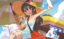  :d bag blue_sky brown_hair cellphone creature day dress female food gen_5_pokemon hair_between_eyes handbag happy holding holding_food holding_phone ice_cream ice_cream_cone long_hair official_art open_mouth outdoors phone pokemon pokemon_(creature) pokemon_(game) pokemon_sm pokemon_trading_card_game saitou_naoki self_shot sightseer_(pokemon) sitting sky smile sundress sunlight third-party_source vanillish white_dress 