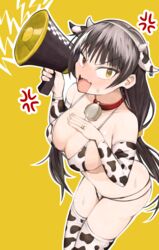  alternate_costume animal_costume animal_ears animal_print bell bikini black_hair blush breasts cleavage collar collarbone cow_ears cow_girl cow_horns cow_print cow_print_bikini cowbell feet_out_of_frame female fingernails girls&#039;_frontline hand_on_own_chest heterochromia highres holding holding_megaphone horns jewelry kuzumotsu large_breasts long_hair looking_at_viewer megaphone neck_bell open_mouth print_bikini red_collar red_eyes ring ro635_(girls&#039;_frontline) solo standing sweat sweatdrop swimsuit thighhighs yellow_background yellow_eyes 