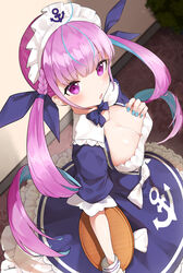  anchor_symbol blue_hair breasts cleavage colored_inner_hair commentary_request drill_hair female fingernails hair_ornament highres hololive long_hair looking_at_viewer maid_headdress medium_breasts minato_aqua minato_aqua_(1st_costume) multicolored_hair open_mouth purple_eyes purple_hair snozaki tray twin_drills two-tone_hair virtual_youtuber 