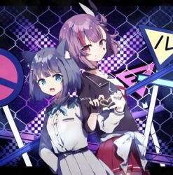  2girls animal_ear_fluff animal_ears belt black_jacket blue_bow blue_eyes blue_hair blue_nails blue_neckwear bow chain-link_fence chibirisu choker collared_shirt cowboy_shot diamond_(shape) epaulettes fence fingerless_gloves gloves hair_ornament hairclip heart height_difference highres jacket leather leather_jacket locked_arms multicolored_hair multiple_girls nail_polish official_art open_clothes open_jacket open_mouth pleated_skirt prismplus purple_hair red_eyes red_hair red_nails red_skirt rettou_joutou_(vocaloid) road_sign rukiroki sasugano_ruki shirt short_hair sign skirt smile streaked_hair tenjin_kotone tied_shirt virtual_youtuber white_shirt white_skirt 