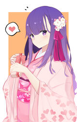  absurdres blush border box breasts closed_mouth fate/grand_order fate_(series) female floral_print flower gift gift_box hair_flower hair_ornament hair_ribbon heart highres holding holding_gift japanese_clothes kasuga_no_tsubone_(fate) kimono long_hair long_sleeves looking_at_viewer matou_sakura obi oouna orange_background pink_kimono pink_ribbon purple_eyes purple_hair ribbon sash smile solo spoken_heart star-shaped_pupils star_(symbol) symbol-shaped_pupils valentine white_border wide_sleeves 