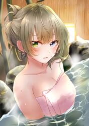  asymmetrical_hair blue_eyes breasts brown_hair chii_(sbshop) cleavage collarbone female green_eyes heterochromia highres idolmaster idolmaster_cinderella_girls long_hair looking_at_viewer medium_breasts mole mole_under_eye naked_towel onsen open_mouth partially_submerged solo takagaki_kaede towel upper_body wet wet_hair 