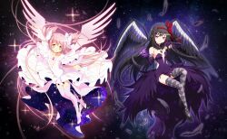  2girls absurdly_long_hair akemi_homura akuma_homura angel_and_devil anime_coloring argyle_clothes argyle_thighhighs armlet artist_request ballet_slippers bare_shoulders black_collar black_hair black_shoes black_wings bow breasts center_opening chest_jewel choker cleavage cleavage_cutout closed_mouth clothing_cutout collar commentary covered_navel detached_collar dot_nose dress elbow_gloves energy_wings feather-trimmed_dress feathered_wings feathers floating floating_clothes floating_hair frilled_dress frilled_sleeves frills full_body game_cg gem gloves glowing_gem hairband hairbow hand_on_own_cheek hand_on_own_face happy high_collar high_heels highres invisible_chair jewelry kaname_madoka knee_up knees light_blush long_dress long_hair long_sidelocks looking_at_viewer mahou_shoujo_madoka_magica mahou_shoujo_madoka_magica:_hangyaku_no_monogatari mahou_shoujo_madoka_magica_magia_exedra multiple_girls object_floating_above_hand official_art outline pink_gem pink_hair pink_outline pink_theme pink_wings purple_dress purple_eyes purple_gem purple_gloves purple_outline purple_thighhighs red_bow red_hairband shoes short_sleeves side_slit sidelocks sitting smile smirk smug soul_gem space space_print star_(sky) starry_sky_print strapless strapless_dress tailcoat tareme thighhighs third-party_source tsurime two-sided_dress two-sided_fabric two_side_up ultimate_madoka very_long_hair white_bow white_choker white_dress white_gloves white_shoes wide_sleeves winged_shoes wings yellow_eyes 