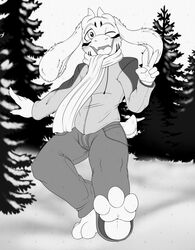  anthro barefoot boss_monster_(undertale) bovid bubble_kitten17 caprine clothed clothing feet forest fully_clothed hi_res horn long_ears looking_at_viewer male mammal monochrome outside pancakes_(character) plant scarf smile snow solo tree undertale undertale_(series) 