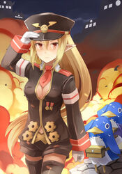  &gt;:( &gt;_&lt; bad_id bad_pixiv_id black_legwear black_shorts blonde_hair blush breasts brown_eyes clenched_hand closed_eyes closed_mouth commentary_request disgaea epaulettes female frown gears gloves hair_between_eyes hand_on_headwear hat long_hair long_sleeves looking_at_viewer machikado makai_senki_disgaea_3 medal medium_breasts necktie peaked_cap prinny red_necktie salute salvatore_(disgaea) short_necktie shorts sweat thighhighs v-shaped_eyebrows very_long_hair wavy_mouth white_gloves 