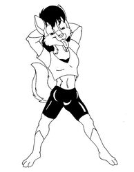  3_toes anthro barefoot bark!_(artist) biped black_and_white bottomwear canid canine clothing feet female front_view hands_behind_head mammal midriff monochrome pose raised_tail shirt shorts simple_background solo standing tail toes tongue tongue_out topwear white_background 