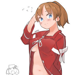  arm_behind_back belly blue_eyes breast_envy breasts brown_hair chibi chibi_inset co_botan commentary_request cosplay female flying_sweatdrops highres intrepid_(kancolle) japanese_clothes kantai_collection kariginu large_breasts looking_at_viewer navel open_clothes ponytail red_shirt ryuujou_(kancolle) ryuujou_(kancolle)_(cosplay) shirt short_hair simple_background smile solo_focus underboob upper_body white_background 