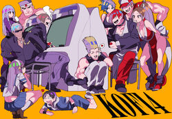  4girls 6+boys arcade_cabinet asamiya_athena bad_id bad_pixiv_id bare_shoulders baseball_cap belt blonde_hair blue_eyes blue_hair breasts brown_eyes brown_hair candy chaps choker cleavage clenched_hand crop_top cropped_jacket cross daimon_gorou dark_skin denim dougi drooling earrings fatal_fury fingerless_gloves folded_fan folding_fan food gloves grin hair_ornament hair_over_one_eye hairband halterneck hand_fan hat headband highres hohehohe jacket japanese_clothes jeans jewelry k&#039;_(kof) kula_diamond large_breasts leona_heidern lollipop long_hair martial_arts_belt midriff multiple_boys multiple_girls muscular navel necklace nikaidou_benimaru ninja pants pelvic_curtain ponytail purple_hair red_eyes red_hair red_pants revealing_clothes school_uniform serafuku shiranui_mai shirt short_hair sie_kensou skirt smile snk star_(symbol) star_hair_ornament sunglasses t-shirt tank_top terry_bogard the_king_of_fighters the_king_of_fighters_xi topless_male vest white_hair yagami_iori 