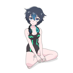  asuha_mana bare_shoulders barefoot black_hair blue_eyes breasts cleavage female luck_&amp;_logic short_hair swimsuit 