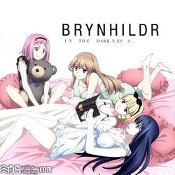  4girls alternate_costume barefoot blonde_hair blue_eyes blue_hair dress female friends gokukoku_no_brynhildr green_eyes hair_between_eyes kazumi_schlierenzauer kuroha_neko light_brown_hair long_hair lying multiple_girls nightgown official_art on_back on_stomach pink_hair purple_eyes red_eyes short_hair sitting smile tachibana_kana takatori_kotori 