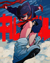  commentary_request female foreshortening gloves kill_la_kill kogashirou matoi_ryuuko school_uniform scissor_blade_(kill_la_kill) senketsu serafuku shoes skirt sneakers weapon 