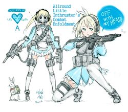  acronym acrostic alice_(alice_in_wonderland) alice_in_wonderland bandolier battle_rifle blonde_hair blue_eyes blush_stickers bow commentary_request dual_persona dual_wielding english_text engrish_text female fingerless_gloves gloves gun hairbow hakuaki headset holding knee_pads latin_text load_bearing_vest mask military military_operator milizian! on_one_knee original pouch rabbit ranguage rifle short_hair skirt submachine_gun thigh_pouch thighhighs twintails weapon white_legwear 