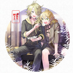  2boys alternate_costume animal animal_on_shoulder bad_id bad_pixiv_id blonde_hair character_name feeding green_eyes hair_over_one_eye hood hooded_jacket hs2 jacket kamekichi male_focus multiple_boys open_mouth shishiou_(touken_ranbu) sitting touken_ranbu translated turtle urashima_kotetsu white_background 