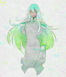  aqua_hair artemis_(luck_&amp;_logic) breasts dark_skin dress female gloves green_eyes long_hair luck_&amp;_logic multicolored_hair open_mouth ribbon 