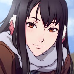  bad_id bad_pixiv_id black_hair blue_necktie blush brown_coat brown_eyes close-up closed_mouth coat commentary earmuffs female fur_trim highres kimishima_kana kiseijuu long_hair miura-n315 necktie portrait scarf smile solo white_scarf 