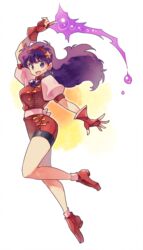  arm_up asamiya_athena bare_legs bike_shorts commentary_request earrings female fingerless_gloves full_body gloves hair_ornament hairband jewelry long_hair magic puffy_sleeves purple_eyes purple_hair red_footwear red_gloves red_hairband shoes smile solo star_(symbol) star_hair_ornament taki_(nakochan) the_king_of_fighters the_king_of_fighters_&#039;98 