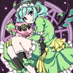  astaroth_(p&amp;d) bad_id bad_pixiv_id bow cauchemar_(p&amp;d) demon_girl demon_horns detached_sleeves dress female frilled_dress frills green_bow green_dress hairband horns long_sleeves lowres magic_circle outline pantsu_majirou pentagram puffy_long_sleeves puffy_sleeves purple_eyes purple_ribbon puzzle_&amp;_dragons ribbon short_hair smile solo wings 