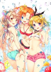  3girls :d ;d anchor_symbol arm_around_waist ass back bandeau bangle bikini bikini_top_only blonde_hair blue_background blue_bikini blue_eyes blush bow bracelet breasts brown_hair cleavage collarbone commentary_request duplicate fingernails flower food fruit fruit_background green_bow grin groin hair_ribbon hairbow halterneck jewelry kiwi_(fruit) koizumi_hanayo kosaka_honoka long_fingernails long_hair looking_at_viewer looking_back love_live! love_live!_school_idol_project mandarin_orange medium_breasts minami_kotori miwabe_sakura multicolored_nails multiple_girls nail_polish navel necklace one_eye_closed one_side_up open_mouth orange_hair pink_eyes pink_nails plumeria printemps_(love_live!) red_bikini ribbon shiny_clothes shiny_skin short_hair short_shorts shorts smile splashing strap_gap strawberry string_bikini swimsuit thigh_gap underboob water water_drop white_bikini yellow_bow yellow_eyes 