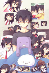  1boy :d ^_^ anger_vein bags_under_eyes beats_by_dr._dre black_hair black_shirt body_pillow brother_and_sister chibi closed_eyes commentary_request female green_eyes hair_between_eyes hair_over_one_eye handheld_game_console highres indoors jacket kuroki_tomoki kuroki_tomoko long_hair looking_at_viewer miyata_(miyatami07) one_eye_covered open_mouth photo_(object) pillow playstation_portable poster_(object) school_uniform serafuku shirt shoboon short_hair siblings smile track_jacket watashi_ga_motenai_no_wa_dou_kangaetemo_omaera_ga_warui! 