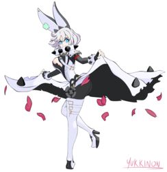  ahoge animal_ears arc_system_works ass blue_eyes blush boots breasts bunny_ears clover collar dress elphelt_valentine female fingerless_gloves four-leaf_clover gloves guilty_gear guilty_gear_xrd guilty_gear_xrd:_revelator large_breasts pantyhose short_hair sideboob silver_hair solo spiked_collar spikes thigh_boots thighhighs white_background yukkinon 