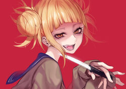  absurdres blonde_hair blue_sailor_collar boku_no_hero_academia commentary_request doku-chan_(dokkudokudoku) eyelashes fangs female hair_bun highres holding holding_knife jacket knife long_sleeves looking_at_viewer makeup mascara open_clothes open_jacket photoshop_(medium) red_background sailor_collar simple_background single_hair_bun solo toga_himiko tongue upper_body yandere yellow_eyes 