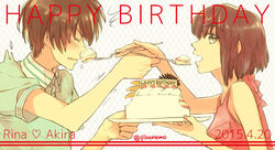  1boy bad_id bad_pixiv_id bare_shoulders birthday_cake brother_and_sister brown_eyes brown_hair cake character_name closed_eyes dated eating feeding female food food_on_face happy_birthday nishio_akira nishio_rina short_hair short_sleeves siblings soukyuu_no_fafner twins twitter_username wae 