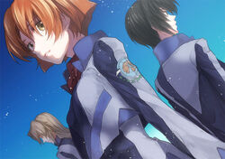  2boys bad_id bad_pixiv_id black_hair blue_background brown_eyes brown_hair cropped_jacket female jacket long_hair long_sleeves makabe_kazuki minashiro_soushi multiple_boys orange_hair parted_lips short_hair soukyuu_no_fafner standing toomi_maya uniform wae 