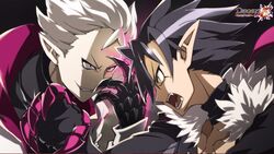  2boys angry artist_request black_choker black_gloves black_hair choker close-up copyright_name demon_boy disgaea fur_trim gloves grin highres jacket killia_(disgaea) looking_at_another makai_senki_disgaea_5 male_focus multiple_boys oerba_yun_fang official_art open_mouth pale_skin pointy_ears smile spiked_hair upper_body void_dark_(disgaea) white_hair yellow_eyes 