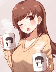  alternate_costume bad_id bad_pixiv_id brown_eyes brown_hair character_print collarbone cup d; earrings female grey_background highres holding holding_cup jewelry kantai_collection kapatarou kitakami_(kancolle) long_hair long_sleeves mug one_eye_closed ooi_(kancolle) open_mouth print_cup print_mug ribbed_sweater solo sweater yellow_sweater 